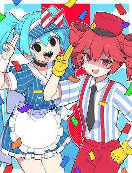2girls :d absurdres apron aqua_hair aqua_nails black_choker black_eyes black_mouth blue_background border bow choker cloud commentary cowboy_shot crazy dress drill_hair empty_eyes frilled_dress frills furrowed_brow gloves hair_intakes hand_up hat hat_bow hatsune_miku highres kasane_teto light_blush long_hair looking_at_viewer maid_apron mesmerizer_(vocaloid) miz_(mizillustration) multicolored_background multiple_girls nervous open_mouth pants pinstripe_dress pinstripe_hat pinstripe_pattern puffy_short_sleeves puffy_sleeves red_background red_bow red_eyes red_hair red_pants red_suspenders salute shaded_face sharp_teeth shirt short_sleeves smile smiley_hair_ornament striped_clothes striped_shirt sweatdrop symbol-only_commentary teeth tongue tongue_out twin_drills twintails two-finger_salute upper_teeth_only utau very_long_hair visor_cap vocaloid white_border white_bow yellow_gloves