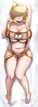 1girl :3 absurdres ahoge arm_up armpits bandeau belly black_choker blonde_hair blush breasts choker cleavage cleavage_cutout clothing_cutout collarbone colored_inner_hair curvy elegg_(boom_and_shock)_(nikke) elegg_(nikke) fang gloves goddess_of_victory:_nikke hair_intakes hair_over_one_eye heart heart_cutout highres huge_breasts looking_at_viewer multicolored_hair navel official_alternate_costume open_mouth plump purple_eyes samidarekinoko see-through_clothes short_hair single_glove skindentation slingshot_swimsuit smile solo stomach swimsuit thick_thighs thighs wide_hips yellow_slingshot_swimsuit