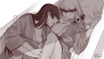 Rule 34 | 2girls, bed, blunt bangs, blush, breasts, cleavage, collarbone, commentary request, dated, earrings, fingering, highres, inago akira, japanese clothes, jewelry, jouhou, kimono, large breasts, licking, licking nipple, long hair, long sleeves, looking at another, lying, monochrome, motion lines, multicolored hair, multiple girls, nipple stimulation, nipples, on back, one eye closed, open clothes, open kimono, parted lips, pillow, pussy juice, satsuki yomi, shade, streaked hair, sweat, toji no miko, tongue, tongue out, twitter username, yuri