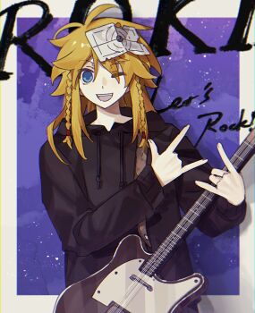 Rule 34 | 1boy, ;d, \m/, abstract background, alternate costume, anonymous1203, black hoodie, blonde hair, blue eyes, border, braid, electric guitar, epic battle fantasy, gesture, guitar, highres, holding, holding guitar, holding instrument, hood, hoodie, instrument, male focus, matt (epic battle fantasy), one eye closed, open mouth, paper on head, purple background, purple sky, side braids, sidelocks, sky, smile, star (sky), starry sky, teeth, upper teeth only