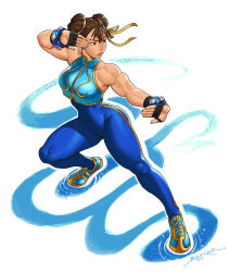 1girl aqua_vest biceps black_gloves blanclauz blue_bodysuit blue_shoes bodysuit bracelet breasts brown_hair capcom chun-li commentary deltoids double_bun english_commentary fighting_stance fingerless_gloves full_body gloves hair_bun hair_ribbon highres jewelry kung_fu lips medium_breasts mma_gloves multicolored_shoes muscular muscular_female ribbon serious shoes short_hair sleeveless sneakers solo street_fighter street_fighter_zero_(series) studded_bracelet triceps vest yellow_shoes