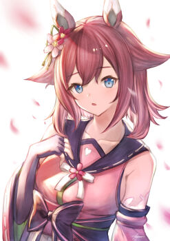 Rule 34 | 1girl, :o, animal ears, bare shoulders, black bow, black gloves, black sailor collar, blue eyes, blush, bow, breasts, brown hair, collarbone, commentary request, detached sleeves, elbow gloves, fingerless gloves, gloves, hair flaps, heart, highres, horse ears, horse girl, japanese clothes, long sleeves, looking at viewer, medium breasts, motion blur, mugen kageno, obi, parted lips, petals, revision, sailor collar, sakura chiyono o (hinoshita kaisan hana akari) (umamusume), sakura chiyono o (umamusume), sash, short hair, sideboob, umamusume, upper body, wide sleeves