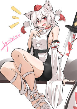 1girl absurdres animal_ear_fluff animal_ears bandaged_leg bandages bike_shorts black_sash black_shorts blush breasts chinese_commentary commentary_request dated detached_sleeves fang hand_on_own_chest hat highres inubashiri_momiji looking_at_viewer medium_breasts notice_lines pom_pom_(clothes) red_eyes red_hat ribbon-trimmed_sleeves ribbon_trim sash shield shirt short_hair shorts sitting skin_fang solo sword tail tokin_hat touhou turtleneck turtleneck_shirt user_avpn4885 weapon white_background white_hair white_sleeves wolf_ears wolf_girl wolf_tail