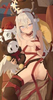 1girl absurdres antlers anus areola_slip azusa_(blue_archive) black_thighhighs blue_archive blush breasts censored character_doll commentary couch covered_erect_nipples doll fake_antlers gluteal_fold gradient_eyes grey_hair groin hair_between_eyes halo highres horns long_hair looking_at_viewer lying mosaic_censoring multicolored_eyes naked_ribbon navel on_back on_couch parted_lips peroro_(blue_archive) purple_eyes pussy red_ribbon reindeer_antlers ribbon skullman_(blue_archive) small_breasts solo t-hou thighhighs thighs yellow_halo