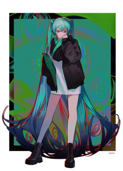 1girl absurdly_long_hair alternate_costume ankle_boots aqua_hair arm_at_side bare_legs black_boots black_border black_jacket boots border closed_mouth contrapposto curly_hair full_body green_background green_theme grey_eyes hair_between_eyes hand_up hassan_(sink916) hatsune_miku highres jacket lace-up_boots legs_apart light_smile limited_palette long_hair long_sleeves looking_at_viewer multicolored_background no_pants open_clothes open_jacket outline platform_boots platform_footwear psychedelic red_outline ringed_eyes shirt simple_background sleeves_past_wrists solo square standing straight_hair tsurime twintails two-sided_fabric two-sided_jacket very_long_hair vocaloid white_border white_shirt