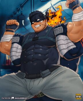 2boys bandaid bara beard_stubble biceps boku_no_hero_academia bulge covered_abs covered_navel daisukebear endeavor_(boku_no_hero_academia) eye_mask facial_hair feet_out_of_frame fiery_hair holding_another&#039;s_arm knuckleduster_(boku_no_hero_academia) large_bulge large_pectorals male_focus mask masked mature_male multiple_boys muscular muscular_male paid_reward_available pants pectorals red_hair restrained shirt short_hair solo_focus spiked_hair strongman_waist stubble sweat taut_clothes taut_shirt thick_thighs thighs tight_clothes tight_pants vigilante_-boku_no_hero_academia:_illegals- yaoi