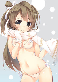 Rule 34 | 10s, 1girl, bikini, blush, breasts, brown eyes, brown hair, cameltoe, covered erect nipples, female focus, kurozu, long hair, looking at viewer, love live!, love live! school idol project, minami kotori, navel, nipples, scarf, see-through clothes, small breasts, smile, solo, swimsuit, white bikini