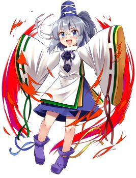 1girl :d blouse blue_eyes blue_hat blue_ribbon blue_skirt blush boots e.o. full_body game_cg green_ribbon grey_hair hair_between_eyes hakurei_frontier_spell_strive half_updo hat highres long_sleeves looking_at_viewer miniskirt mononobe_no_futo neck_ribbon official_art open_mouth outstretched_arms pom_pom_(clothes) purple_boots purple_ribbon red_ribbon ribbon ribbon-trimmed_sleeves ribbon_trim shirt short_hair skirt sleeves_past_fingers sleeves_past_wrists smile solo tate_eboshi third-party_source touhou transparent_background white_shirt wide_sleeves yellow_ribbon