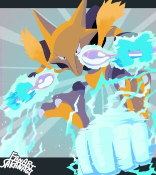 absurdres alakazam black_eyes claws colored_skin facial_hair floating gen_1_pokemon glowing_fist highres holding holding_spoon mustache nintendo pokemon pokemon_(creature) pokemon_rgby sakanagi_(a_r_co) spoon yellow_skin