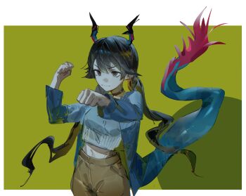 alternate_costume arknights arknights:_endfield black_hair blue_horns blue_jacket blue_shirt blue_tail breasts brown_pants chen_qianyu_(arknights) choker closed_mouth commentary cowboy_shot dragon_girl dragon_horns dragon_tail eastern_dragon_horns eastern_dragon_tail grey_eyes hair_between_eyes hands_up highres horns jacket long_hair long_sleeves midriff multicolored_tail navel pandemoon pants shirt solo tail