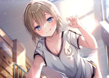 1girl :p ball basketball_(object) black_shorts blue_eyes blurry blurry_background blush breasts brown_hair ceiling cleavage collarbone commentary_request day gym_storeroom gym_uniform hair_between_eyes lens_flare licking_lips looking_at_viewer medium_breasts nemuri_nemu original shirt short_hair short_sleeves shorts solo sunlight tongue tongue_out vaulting_horse white_shirt window