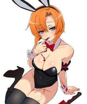 Rule 34 | 1girl, animal ears, bare shoulders, black boots, black hairband, black leotard, black wrist cuffs, blood, blood on chest, blood on hands, blood on leg, blue eyes, boots, bow, bowtie, breasts, cleavage, collarbone, covered navel, detached collar, fake animal ears, fishnet pantyhose, fishnets, frilled wrist cuffs, frills, from above, hair intakes, hairband, highres, higurashi no naku koro ni, knife, large breasts, leotard, licking, licking finger, looking at viewer, orange hair, pantyhose, playboy bunny, rabbit ears, red bow, red bowtie, ryuuguu rena, simple background, skindentation, solo, strapless, strapless leotard, thighs, tongue, white background, wrist cuffs, yuno ff