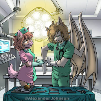 adjusting_clothes adjusting_gloves alexander_johnson furry gloves hat ivy_the_wolfcat latex latex_gloves monitor nurse nurse_cap operating_table shiky_the_bat surgical_light surgical_tools table