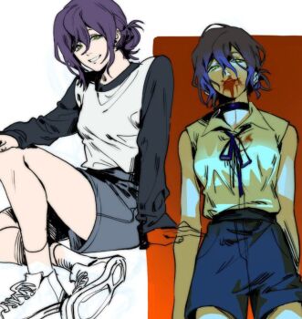 1girl bare_arms bare_shoulders black_choker black_ribbon black_shorts black_sleeves blood blood_from_mouth blood_on_face breasts chainsaw_man choker commentary english_commentary green_eyes grenade_pin grey_shorts hair_between_eyes hair_bun iria_arts long_sleeves medium_breasts medium_hair multiple_views neck_ribbon purple_hair reze_(chainsaw_man) ribbon shirt shoes shorts sitting sleeveless sleeveless_shirt sneakers socks solo updo upper_body white_shirt white_shoes white_socks