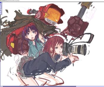 Rule 34 | 1other, 2girls, aqua pajamas, camera, canti, flcl, glasses, holding, holding camera, miniskirt, multiple girls, nandaba naota, ninamori eri, oekaki, pajamas, panties (pantsu-pirate), plaid clothes, plaid skirt, red-framed eyewear, robot, school uniform, skirt, striped pajamas, taking picture, teeth, upper teeth only, vertical-striped clothes, vertical-striped pajamas, watermark, web address