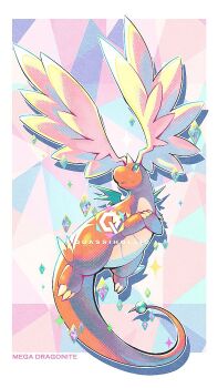 character_name closed_mouth commentary diamond_(shape) dragon dragonite english_commentary gen_1_pokemon head_wings looking_up mega_dragonite nintendo no_humans pokemon pokemon_(creature) pokemon_focus quas-quas smile solo wings