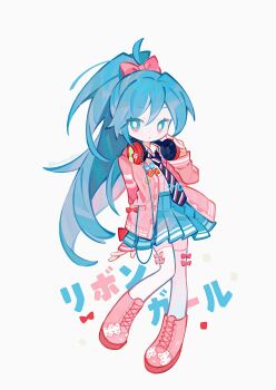 1girl absurdres alternate_hairstyle blue_eyes blue_hair blue_necktie blue_skirt boots bow bow_legwear bright_pupils collared_shirt full_body hair_bow hand_up hashtag-only_commentary hatsune_miku hatsune_miku_(ribbon_girl) headphones headphones_around_neck highres jacket kanae_(cookie) lace-up_boots long_hair long_sleeves looking_at_viewer necktie open_clothes open_jacket parted_lips pink_boots pink_bow pink_jacket pleated_skirt ponytail project_diva_(series) shirt simple_background skirt solo standing standing_on_one_leg striped_necktie thighhighs translated vocaloid white_background white_pupils white_shirt white_thighhighs zettai_ryouiki