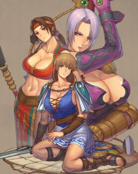 3girls abs aqua_eyes armor bad_id bad_pixiv_id belt blonde_hair blue_eyes bow breasts brown_hair cleavage collarbone crop_top cross-laced_clothes earrings elbow_gloves feet gauntlets gem gladiator_sandals gloves grey_background hair_bow head_tilt headband holding holding_weapon ibanen isabella_valentine jewelry large_breasts lipstick long_hair low-tied_long_hair makeup mature_female midriff multi-tied_hair multiple_girls namco navel no_bra pauldrons pelvic_curtain pleated_skirt polearm purple_hair raised_eyebrows red_eyes sandals seong_mi-na shield short_hair shoulder_armor sideboob silver_hair simple_background single_gauntlet sitting skirt sophitia_alexandra soul_calibur soulcalibur soulcalibur_ii spear sword toned toned_female vambraces weapon whip_sword yokozuwari