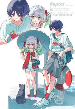 Rule 34 | 1boy, 1girl, against railing, alternate costume, aqua bow, arms at sides, behind another, belt, belt buckle, black belt, black cat, black hair, blouse, blunt ends, blush, bottle, bow, buckle, buoy, casual, cat, cherry, choppy bangs, collarbone, contemporary, cropped shirt, cross-shaped pupils, eyelashes, eyeliner, eyeshadow, food, frilled shirt, frilled skirt, frills, fruit, genshin impact, gradient hair, green eyes, green hair, grey shorts, hair between eyes, hair bow, hair ornament, hair scrunchie, half crown braid, heart, heart print, height difference, highres, holding, holding bottle, holding ice cream cone, holding umbrella, ice cream, ice cream cone, large bow, long hair, long sleeves, looking at animal, looking at another, looking down, makeup, midriff peek, mochimiya (coyo), multicolored hair, multiple views, nahida (genshin impact), navel, open mouth, outdoors, pointy ears, purple eyes, railing, red bow, red eyeliner, red eyeshadow, red shoes, red socks, scaramouche (genshin impact), scrunchie, shirt, shoes, short sleeves, shorts, side ponytail, sidelocks, skirt, sneakers, socks, striped clothes, striped shirt, symbol-shaped pupils, twitter username, umbrella, undershirt, water bottle, watermark, white background, white hair, white shirt, white shoes, white skirt, white sleeves, white umbrella