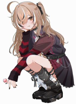 1girl :p absurdres ahoge asymmetrical_legwear black_choker black_hair black_leg_warmers black_nails black_ribbon black_shoes black_skirt brown_eyes brown_hair candy choker food full_body hair_ribbon highres holding holding_candy holding_food holding_lollipop hololive hololive_english kneeling leg_warmers lollipop long_hair looking_at_viewer miniskirt multicolored_hair nanashi_mumei nanashi_mumei_(emo) one_side_up pleated_skirt ribbon shoes shusuchii simple_background sketch skirt sleeves_past_wrists solo streaked_hair tongue tongue_out virtual_youtuber white_background white_hair white_leg_warmers