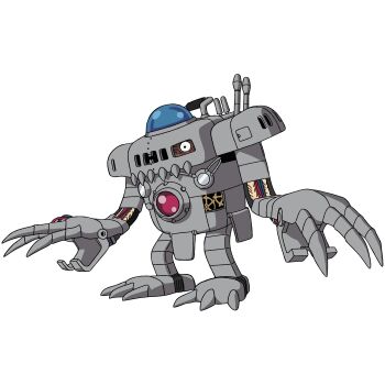 Rule 34 | absurdres, armor, bandai, claws, digimon, digimon (creature), digimon adventure, expressionless, full body, highres, long arms, mechanorimon, non-web source, official art, robot, simple background, solo, white background