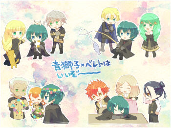 4girls 6+boys annette_fantine_dominic armor ashe_ubert black_hair blonde_hair blue_eyes blue_hair cape cat chibi cooking dedue_molinaro dimitri_alexandre_blaiddyd eyepatch felix_hugo_fraldarius fire_emblem fire_emblem:_three_houses fish fishing fishing_rod flayn_(fire_emblem) flower from_side garreg_mach_monastery_uniform green_eyes green_hair grey_eyes grey_hair hair_flower hair_ornament ingrid_brandl_galatea japanese_text male_byleth_(fire_emblem) mercedes_von_martritz multiple_boys multiple_girls nintendo open_mouth orange_hair red_eyes red_hair ric_(aceradio) sleeping sylvain_jose_gautier