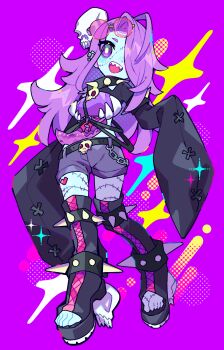 Rule 34 | 1girl, :d, absurdres, belt, black belt, black boots, blue skin, boots, borrowed character, breasts, bright pupils, choker, colored skin, commentary request, commission, eyewear on head, framed breasts, full body, glasses, grey shorts, hair ornament, hair over one eye, hand up, happy, highres, honoca6190, long hair, looking at viewer, medium breasts, one eye covered, open mouth, original, pink-tinted eyewear, purple background, purple eyes, purple hair, sharp teeth, shorts, skeb commission, skull, skull belt, skull hair ornament, sleeves past fingers, sleeves past wrists, smile, sparkle, spiked choker, spiked legwear, spikes, standing, standing on one leg, stitched face, stitched leg, stitches, teeth, thigh boots, tinted eyewear, toeless legwear, upper teeth only, walking, white pupils, zombie