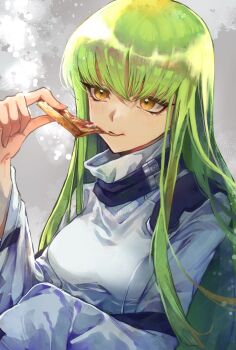1girl bodysuit breasts c.c. code_geass eating food green_hair grey_background hand_up highres holding holding_food holding_pizza long_hair looking_at_viewer medium_breasts pizza pizza_slice sasamaru_(user_wvnz7834) solo turtleneck upper_body white_bodysuit wide_sleeves yellow_eyes
