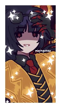 1girl black_hair black_shirt blood blood_on_hands blunt_bangs chesedfever claws coat collared_shirt commentary contempt_awe_(e.g.o) e.g.o_(project_moon) english_commentary highres limbus_company long_hair n_corp._e.g.o_(identity)_(project_moon) necktie project_moon red_eyes red_necktie ryoshu_(project_moon) shirt sidelocks solo sparkle sunglasses vest yellow_coat yellow_vest