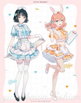 2girls :d animal_ears aqua_eyes bandaid bandaid_hair_ornament black_hair black_shoes blue_ribbon blue_shirt blue_skirt blunt_bangs bob_cut breasts cerise_bouquet character_name clipboard commentary_request crop_top cropped_shirt expressionless fake_animal_ears fishnet_pantyhose fishnets flipped_hair full_body green_eyes grid_background group_name hair_ornament hair_ribbon hat heart high_heels highres hinoshita_kaho holding holding_clipboard holding_pen holding_thermometer houndstooth leg_up link!_like!_love_live! looking_at_viewer love_live! medium_breasts medium_hair midriff miniskirt momose_ginko multiple_girls navel nurse_cap official_art open_mouth orange_hair orange_shirt orange_skirt outside_border pantyhose pen rabbit_ears rabbit_hair_ornament ribbon shirt shoes short_hair skirt smile tadano_yukiko thermometer thighhighs unmoving_pattern virtual_youtuber white_background white_shoes white_thighhighs x_hair_ornament yume_kawaii zettai_ryouiki