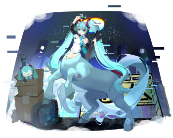 1girl :d absurdres aqua_eyes aqua_fur aqua_hair aqua_necktie arm_up bare_shoulders black_boots black_sleeves blush boots box breasts cardboard_box centaur character_doll collared_shirt commentary crop_top detached_sleeves distortion doll english_commentary fang full_body grey_shirt hair_between_eyes hair_ornament hatsune_miku headset highres holding holding_boots holding_footwear holding_unworn_clothes hooves horse_tail long_hair looking_at_viewer medium_breasts midriff monster_girl monsterification multiple_legs navel necktie neoz_(jjfk8828) night number_tattoo open_mouth rearing shirt sidelocks skin_fang sleeveless sleeveless_shirt smile solo sparkle standing tachi-e tail tail_ornament tattoo taur television thigh_boots triangle_mouth twintails unworn_boots variant_set very_long_hair vocaloid