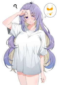 Rule 34 | 1girl, ?, absurdres, alternate costume, bikini, breasts, commentary, cowboy shot, highres, hololive, hololive indonesia, horisu (kholiskun), large breasts, long hair, moona hoshinova, oversized clothes, oversized shirt, shirt, simple background, solo, speech bubble, swimsuit, symbol-only commentary, thought bubble, very long hair, virtual youtuber, white background, white shirt