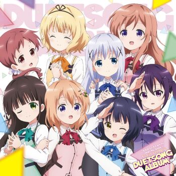 6+girls :d ;) ;d age_difference album_cover blonde_hair blue_bow blue_bowtie blue_eyes blue_hair blue_vest blunt_bangs blush bow bowtie brown_hair child closed_eyes closed_mouth collared_shirt copyright_name cover fang flower gochuumon_wa_usagi_desu_ka? green_eyes green_vest hair_between_eyes hair_flower hair_ornament hairclip hand_on_another's_shoulder highres hoto_cocoa hoto_mocha jouga_maya kafuu_chino kirima_syaro long_hair long_sleeves looking_at_viewer matching_outfits multiple_girls natsu_megumi official_art one_eye_closed open_mouth orange_bow orange_bowtie orange_hair own_hands_together pink_vest purple_bow purple_bowtie purple_eyes purple_hair purple_vest rabbit_house_uniform red_bow red_bowtie red_eyes red_hair ribbon scrunchie shirt short_hair smile tedeza_rize twintails ujimatsu_chiya vest white_shirt wing_collar x_hair_ornament yellow_eyes yellow_vest