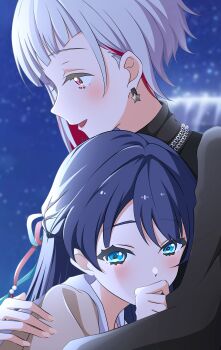 2girls absurdres black_shirt blue_ribbon blush brown_cardigan cardigan chain chain_necklace colored_inner_hair comforting commentary_request earrings hair_ribbon half_updo highres hug jewelry kujo_awenn link!_like!_love_live! long_hair love_live! multicolored_hair multiple_girls murano_sayaka necklace pink_eyes red_hair red_ribbon red_streaks ribbon sailor_collar shirt short_hair star_(symbol) star_earrings streaked_hair turtleneck turtleneck_shirt virtual_youtuber white_hair white_sailor_collar yugiri_tsuzuri yugiri_tsuzuri_(post-graduation) yuri