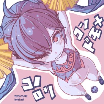 1girl ;| arms_up backbeako_(torotei) bare_shoulders black_shoes blush bottomless breasts cheerleader closed_mouth clothes_writing commentary dated dated_commentary dutch_angle embarrassed eyes_visible_through_hair gegege_no_kitarou hair_over_one_eye holding holding_pom_poms kono_lolicon_domome loli long_hair looking_ahead navel one_eye_closed original paid_reward_available pink_background pointy_ears pom_pom_(cheerleading) pom_poms ringed_eyes shoes simple_background small_breasts solo sweat torotei translated twintails variant_set watermark web_address