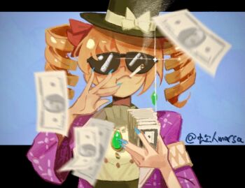 1girl banknote black_hat blue_background blue_nails chinese_commentary cigarette closed_mouth commentary_request dollar_bill drill_hair eyewear_on_head grmarsa hat jewelry looking_at_viewer money orange_eyes orange_hair pendant solo sunglasses throwing throwing_money top_hat touhou twin_drills twitter_username upper_body yorigami_jo'on