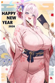 1girl 2026 absurdres alternate_breast_size_(larger) alternate_costume alternate_hairstyle blue_archive blush breasts floral_print hagoita halo happy_new_year highres holding holding_paddle huge_breasts japanese_clothes kimono long_sidelocks looking_at_viewer low_wings mika_(blue_archive) multicolored_halo new_year obi paddle pink_hair pink_halo pink_kimono print_kimono sash sidelocks solo v white_wings wide_sleeves wing_ornament wings woo_(woosan)