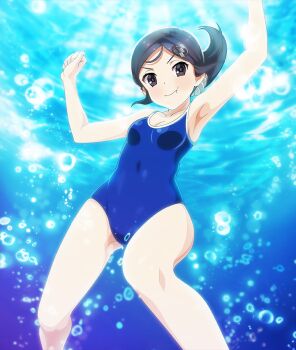 1girl :t armpits arms_up black_eyes black_hair blue_one-piece_swimsuit breasts bubble cleavage clenched_hand dot_nose feet_out_of_frame floating_hair from_below game_cg hair_ornament hair_scrunchie holding_breath looking_at_viewer official_art one-piece_swimsuit parted_bangs ponytail ring_hair_ornament school_swimsuit scrunchie short_ponytail small_breasts solo swimsuit tamaki_marie third-party_source toji_no_miko toji_no_miko:_kizamishi_issen_no_tomoshibi underwater white_scrunchie