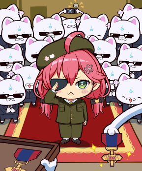 1girl 35p_(sakura_miko) 6+others :&lt; absurdres ahoge beret big_boss big_boss_(cosplay) blush_stickers camera commentary_request cosplay eyepatch frown green_eyes green_hat green_pants hair_ornament hairclip hat highres holding holding_camera holding_medal hololive low_twintails medal metal_gear_(series) metal_gear_solid_3:_snake_eater military_uniform multiple_others nabenabe3104 pants parody pink_hair red_carpet sakura_miko salute sunglasses taking_picture twintails v-shaped_eyebrows virtual_youtuber