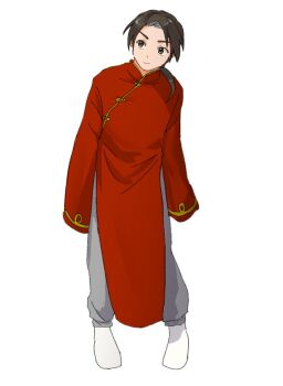 1boy axis_powers_hetalia baggy_pants brown_eyes brown_hair changpao china_(hetalia) chinese_clothes closed_mouth commentary_request full_body grey_pants itohen_1106 long_hair long_sleeves looking_to_the_side low_ponytail male_focus mandarin_collar no_shoes pants ponytail red_shirt ribbon shirt simple_background smile socks solo standing white_background white_socks wide_sleeves yellow_ribbon
