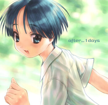 1girl blue_eyes blue_hair collared_shirt english_text from_side goto_p hand_up inaba_rin looking_at_viewer looking_to_the_side open_mouth realize shirt short_hair smile solo upper_body white_shirt