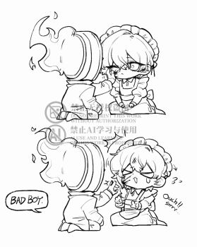 Rule 34 | > <, 1boy, 1other, apron, blood, butler, clock, commentary request, crossdressing, crossdressing (mtf), dante (limbus company), dress, english text, fire, greyscale, kneeling, limbus company, maid, maid apron, maid headdress, male maid, mmmm mana, monochrome, object head, open mouth, project moon, short hair, sinclair (project moon), wiping blood