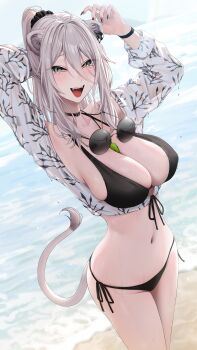 1girl :d absurdres ahoge animal_ear_piercing animal_ears arms_up beach between_breasts bikini black_bikini blurry blurry_background breasts commentary cropped_shirt day double-parted_bangs eyewear_around_neck fangs grey_eyes grey_hair hair_between_eyes hair_ornament hair_scrunchie highres hololive large_breasts lion_ears lion_girl lion_tail long_hair long_hair_between_eyes looking_at_viewer navel open_mouth outdoors ponytail round_eyewear scrunchie shirt shishiro_botan side-tie_bikini_bottom smile solo standing stomach sunglasses swimsuit tail teeth untranslatable_commentary upper_teeth_only virtual_youtuber wanne whistle whistle_around_neck white_shirt