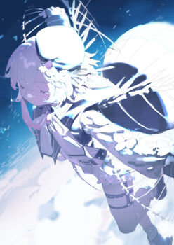 1girl absurdres beret black_hat blue_background churi_lan closed_eyes commentary_request floating_clothes hat highres long_sleeves mahou_shoujo_no_majo_saiban multicolored_hair neck_ribbon outstretched_arms overexposure ribbon sakuraba_ema short_hair sidelighting skeletal_wings solo spoilers spread_arms standing standing_on_one_leg tears thigh_strap white_hair white_ribbon wings witch_(manosaba)