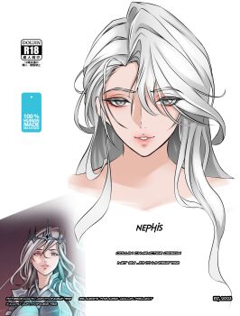 Rule 34 | 1girl, absurdres, armor, character name, curtained hair, english text, hair flowing over, hair over shoulder, highres, jonthan062792, lipstick, long hair, makeup, multiple views, nephis (shadow slave), parted lips, portrait, redesign, shadow slave, smile, tiara, very long hair, white hair, yellow eyes