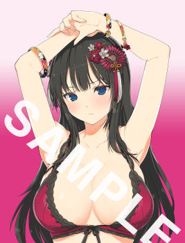 1girl armpits arms_up bikini blue_eyes breast_mousepad closed_mouth flower flower-shaped_pupils front-tie_bikini_top front-tie_top hair_flower hair_ornament highres kagura_(senran_kagura) long_hair looking_at_viewer marvelous mousepad_(medium) sample_watermark senran_kagura solo swimsuit symbol-shaped_pupils watermark yaegashi_nan