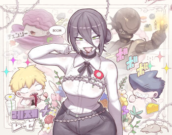 1girl 3boys beam_(chainsaw_man) black_choker black_gloves black_hair blood blood_from_mouth bomb_devil_(chainsaw_man) breasts chainsaw_man cheese choker cup denji_(chainsaw_man) domaguri explosive flower food gloves green_eyes grenade_pin hair_between_eyes hair_bun large_breasts mouse_(animal) multiple_boys object_head open_mouth reze_(chainsaw_man) shark_boy shirt sleeveless sleeveless_shirt tnt tnt_block_(minecraft) tongue tongue_out typhoon_devil_(chainsaw_man) water white_flower white_shirt