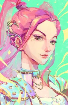 1girl brown_eyes choker closed_mouth commentary earrings english_commentary eyeshadow floating_hair green_background jacket jeunny jewelry kpop_demon_hunters long_hair makeup mascara mira_(kpop_demon_hunters) pink_hair sidelocks simple_background smile solo twintails white_jacket