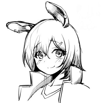1girl animal_ears arknights blush catapult_(arknights) closed_mouth commentary_request earclip greyscale hair_ornament hairclip highres horse_ears horse_girl jacket looking_at_viewer monochrome open_clothes open_jacket portrait sadahiro_(chicken_nugget_gyuuniku_aji) shirt short_hair simple_background sketch smile solo