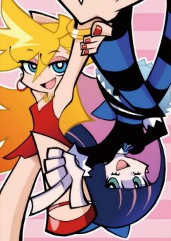 2girls black_dress blonde_hair blue_eyes blue_hair dress green_eyes looking_at_viewer macaroni_and_cheese_(artist) multicolored_hair multiple_girls panty_&amp;_stocking_with_garterbelt panty_(psg) pantyhose pink_hair red_dress red_nails stocking_(psg) striped_clothes striped_thighhighs thighhighs two-tone_hair upside-down